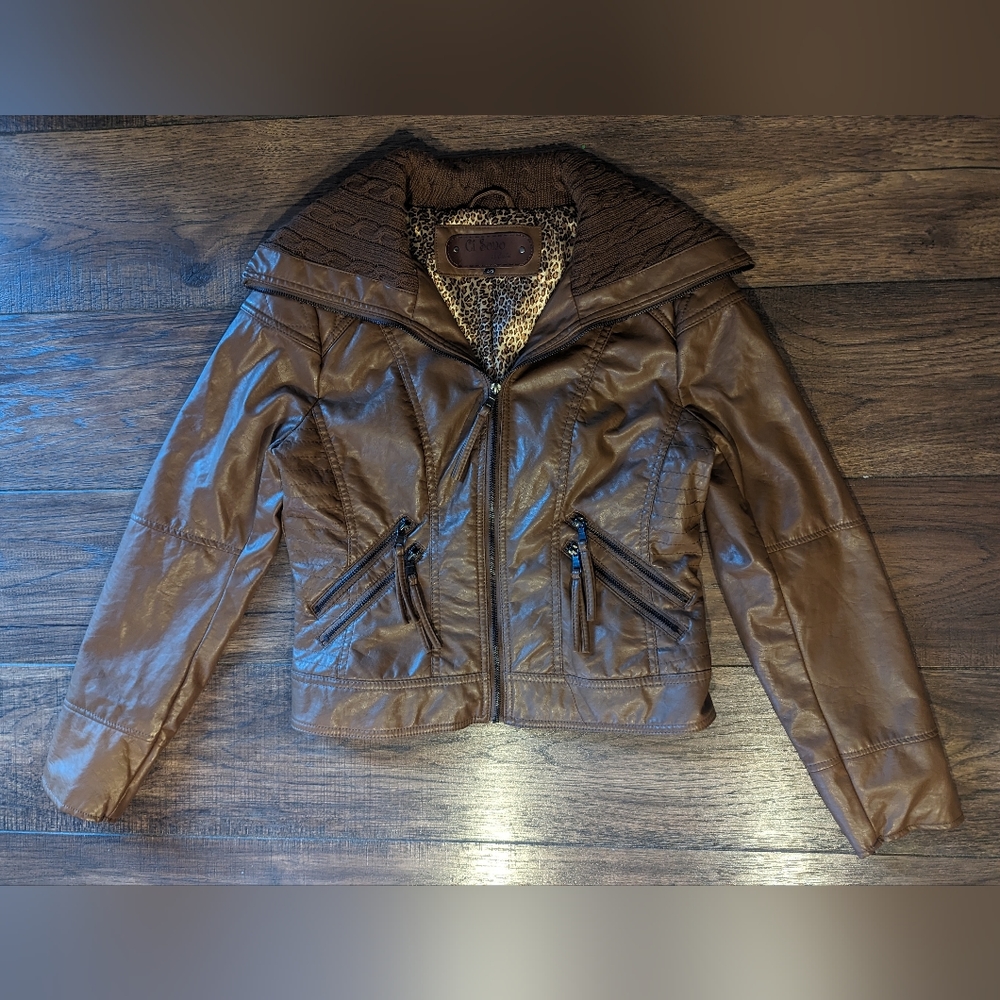 Ci Sono By Cavalini Faux Leather Motor Biker Style Jacket Women's Large Brown